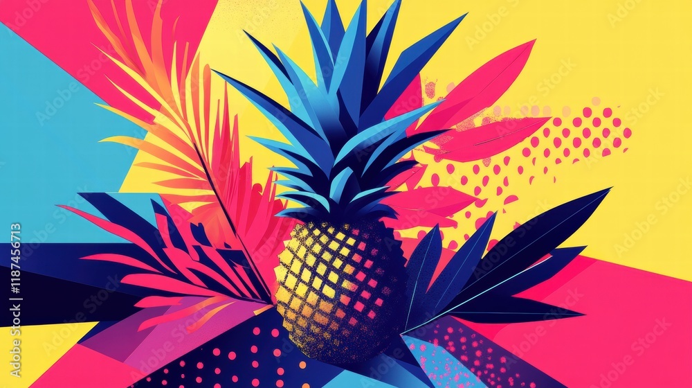 Poster Bright geometric pineapple design with vibrant colors and abstract shapes creating a lively artistic composition. Generative AI