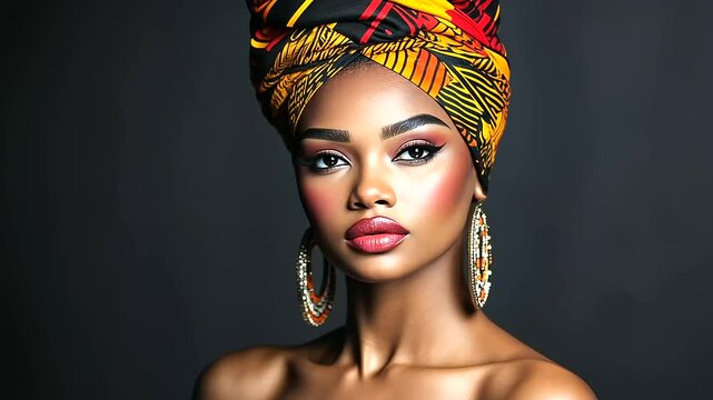 Studio portrait of a beautiful African woman wearing an intricately wrapped Ankara headdress, a bold patterned dress, and layered beaded jewelry, her expression exuding cultural pr
