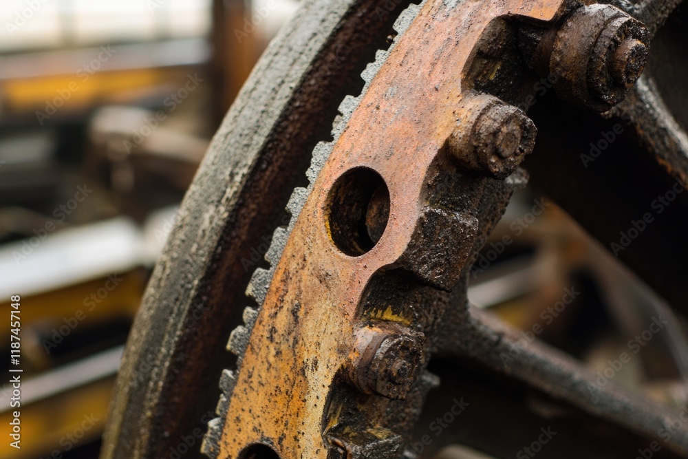 Poster a close-up shot of a rusty wheel with holes, suitable for use in industrial or mechanical contexts