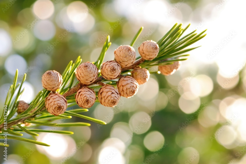Poster a close-up shot of a pine tree branch with needles and cones