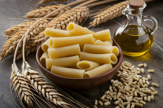 Rustic table displays uncooked pasta, olive oil, and grains, evoking farm to table