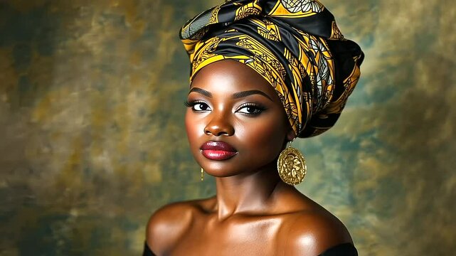 Studio portrait of an African woman in a flowing dashiki, her turban-style headwrap accented with gold and her large earrings symbolizing cultural richness.