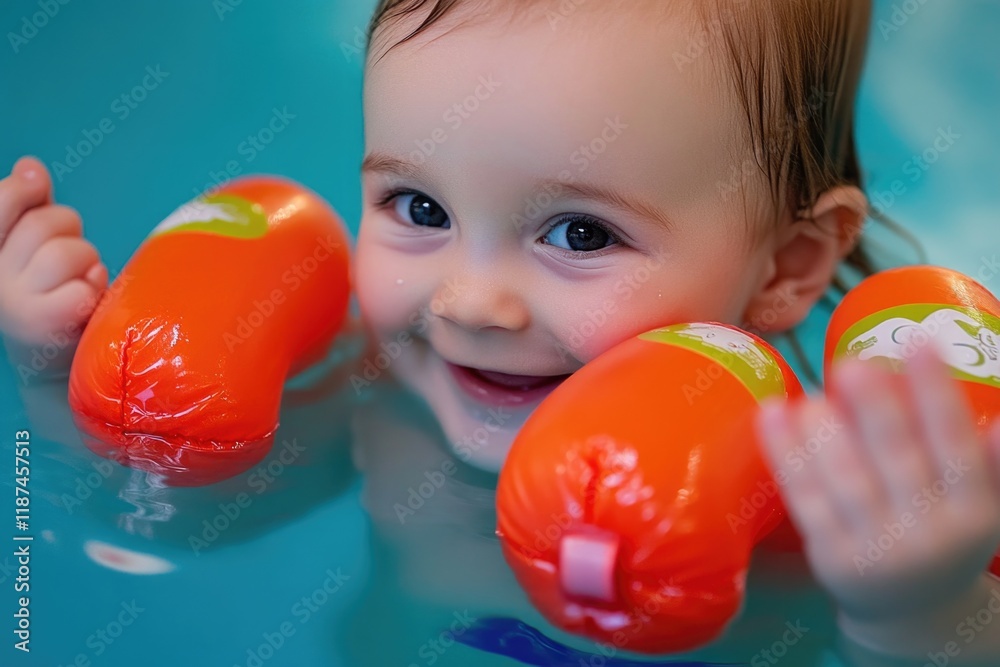 Poster a happy kid having fun playing with orange pool balls in a pool