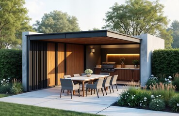 Modern patio with pergola shade structure, awning. Dining table with chairs, metal grill outdoors. View of garden with landscaping, trees. Summer day. Stylish outdoor dining area. Elegant patio