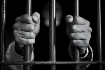 Hands gripping bars symbolize confinement, longing, or hope in black and white