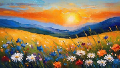 Fototapeta premium Vibrant Field of Wildflowers Dandelion, Cornflower, and Daisy Blossoms Dance in a Picturesque Meadow under a Bright Sky