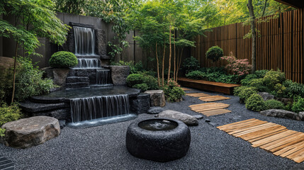 Serene Zen Garden with Bamboo Fountain, Raked Gravel, and Miniature Maple Trees