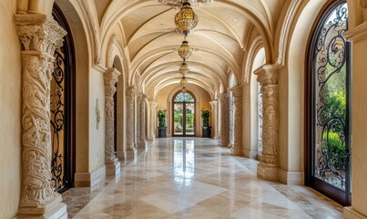 Fototapeta premium Arched hallway with intricate stone carvings and ornate details, elegant curves, natural light, parabolic arches