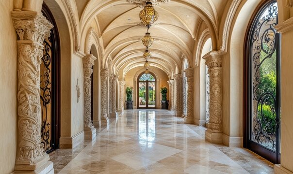 Arched hallway with intricate stone carvings and ornate details, elegant curves, natural light, parabolic arches