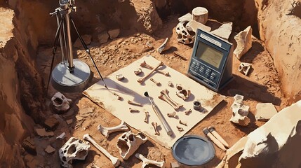 Detailed scene of carbon dating tools analyzing bone fragments ancient artifacts showcasing the meticulous methods of uncovering historical timelines