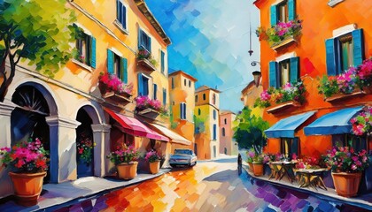 Fototapeta premium Vibrant Italian Street Scene Colorful Watercolour Oil Painting Capturing the Allure of a Busy Italian City