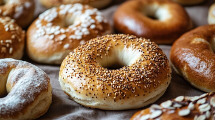 Assortment of bagels on a table, various types and flavors