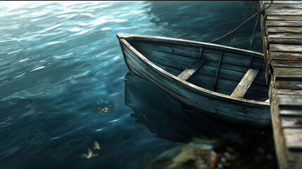 Obraz premium A boat rests on water beside a wooden dock on the same body of water