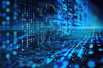 Abstract neon blue cyber binary flowing background