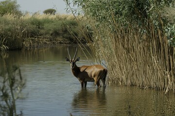 A serene image of a waterbuck standing in shallow water, surrounded by reeds. 