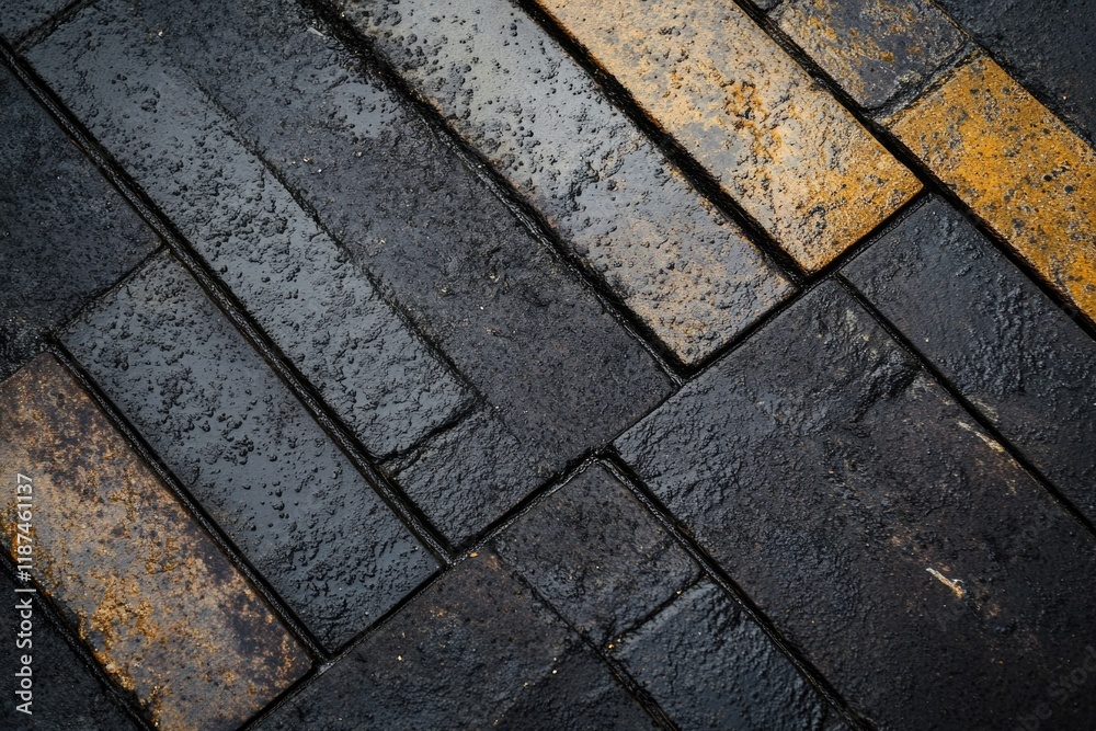 Poster a close-up shot of a black and yellow brick floor with textured patterns