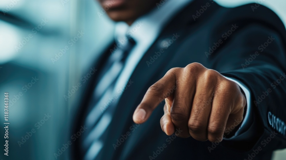 Poster a businessman pointing at an object or idea, can be used for presentations, meetings, and other prof