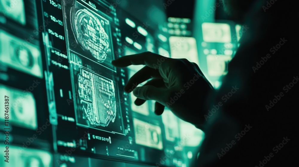 Poster A person is touching a computer screen with their finger, exploring digital content