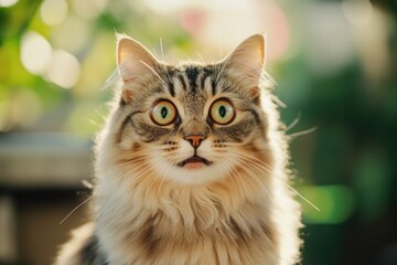 A detailed view of a feline's face, featuring vibrant green eyes