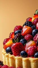 Obraz premium Waffle cake with berries and strawberries close-up