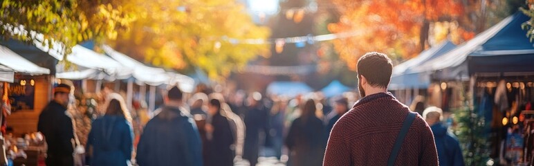 Bustling autumn market scene with vibrant tents crowds of people and a lively atmosphere on a city street