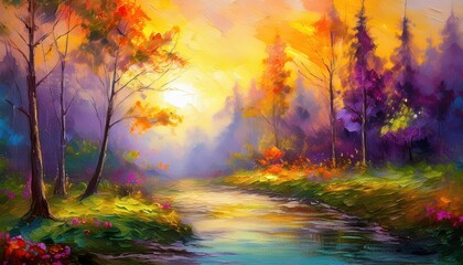 Mystical Sunset in a Dense Forest Shrouded in Mist and Warm Amber Light, Depicting Natures Tranquil Beauty Amidst the Whispers of Twilight.