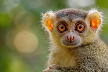 Naklejka premium Close-up shot of a small monkey's face, highlighting its large and expressive eyes
