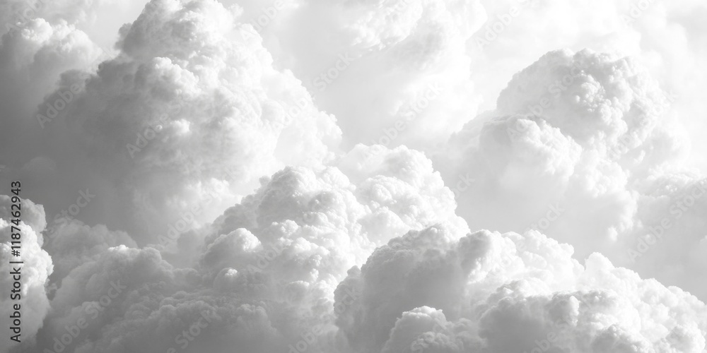 Poster a plane flying through a cloudy sky with numerous clouds