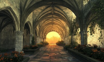 Obraz premium Cloister's vaulted ceiling glows with sunrise illumination , Gothic, vaulted ceiling