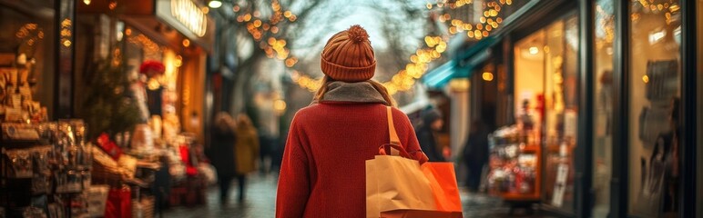 Fototapeta premium Woman in red jacket and warm hat walking through a festive illuminated city street during the winter holiday season Retail store displays and Christmas lights create a cozy atmospheric scene