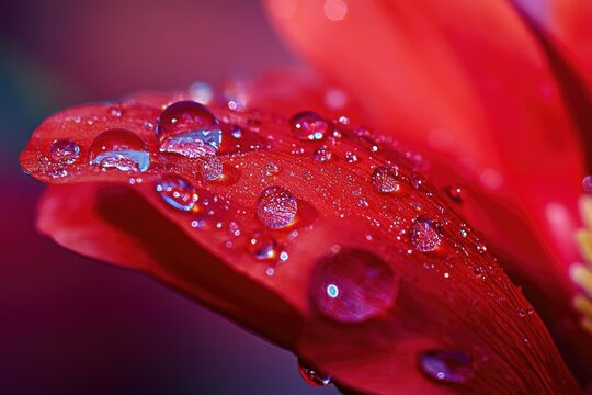 A close-up of a red flower with water droplets glistening on its petals