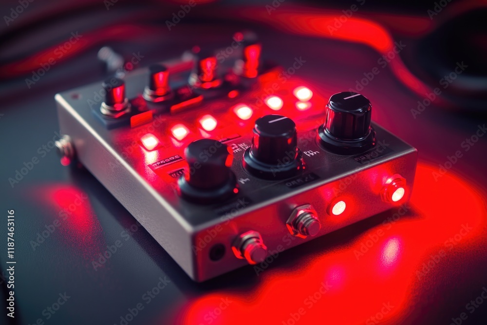 Poster close-up shot of an electronic device with bright red lights, suitable for technology or innovation 