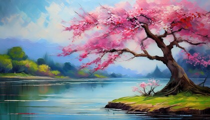 Tranquil Oriental Cherry Blossom Landscape on a Serene Lake A Japanese Sakura Tree in Full Bloom, Reflecting Soft Pastel Hues on the Calm Water Surface
