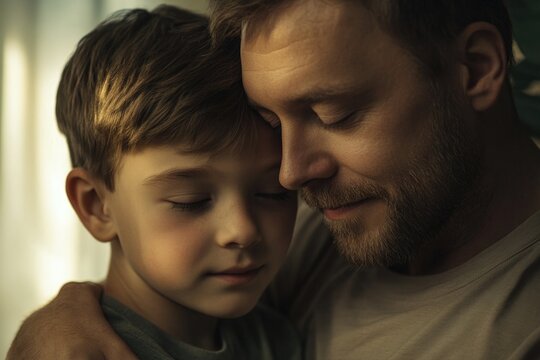 A fatherly figure holds a small child close, providing comfort and protection