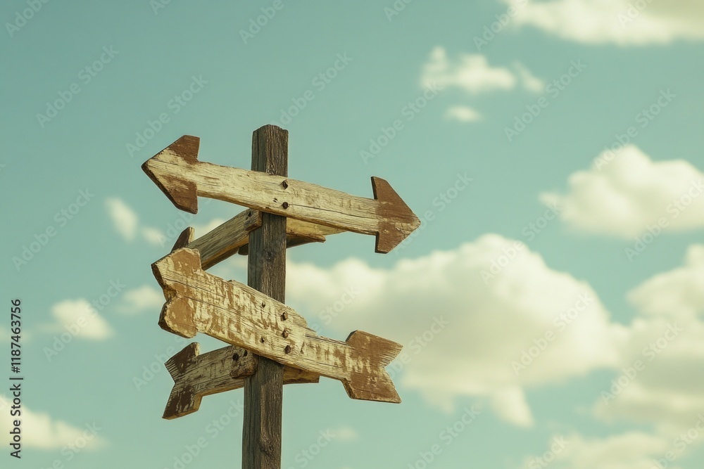 Poster a wooden sign with three arrows pointing left, right and forward