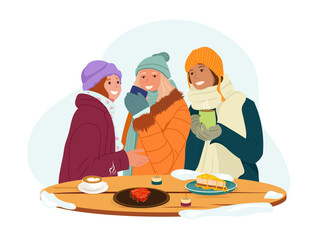 winter_16Three girlfriends drinking coffee, eating dessert and chatting outside in a cafe on a winter day, in snowy weather.
