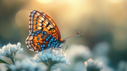 Obraz premium Butterfly perched on white flowers at sunset.
