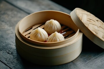 Chinese dumplings in bamboo steamer