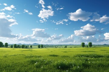 Obraz premium Expansive green fields under a bright blue sky with fluffy clouds and distant mountains in a serene landscape