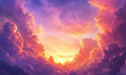 Fototapeta premium Clouds are painted with warm colors of orange, pink, and purple as the sun dips below the horizon, beautiful view, natural beauty , cloud painting