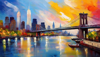 Striking Oil Painting of New York City Skyline with River and Bridge at Dusk, Capturing the Vibrant Hues and Textures of a Metropolitan Metropolis © netsay