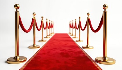 Red carpet with velvet rope barrier, golden poles on white background. Elegant entrance for important event. Luxury, prestigious event design. Ideal for cinema awards exclusive parties. Security,