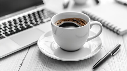 Close-up of a cup of coffee on a desk with a laptop and notepad.