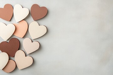 Fototapeta premium Composition for Valentine's Day February 14th. Delicate grey background and natural color of cardboard hearts cut out of paper. 