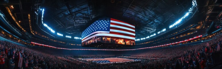 Expansive indoor arena filled with enthusiastic crowd and massive American flag overhead creating an patriotic spectacle and celebratory atmosphere for a major event or performance