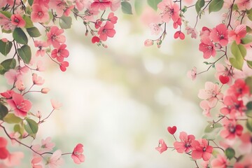 Fototapeta premium Delicate pink and red floral frame with small hearts on each corner, vintage vibe