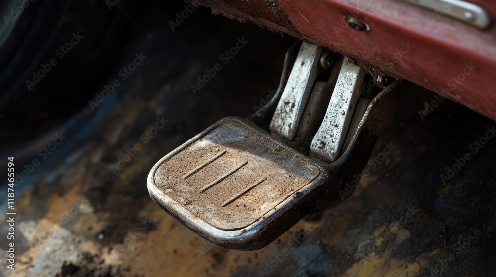 Poster a close-up view of a metal footrest in a vehicle
