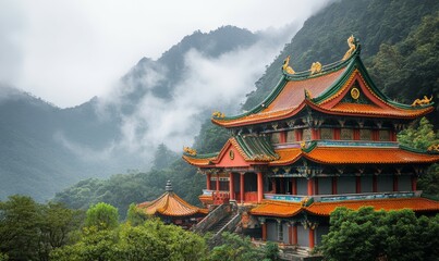 Fototapeta premium Asian Temple Architecture in Misty Mountain Setting