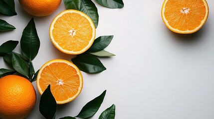 Fresh Oranges and Green Leaves Isolated on White Background