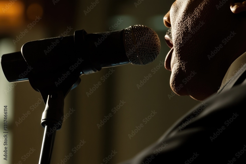 Poster a person in a business suit sings into a microphone, possibly for a presentation or performance